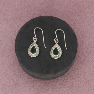 sterling silver diopside & cz halo dangle earrings